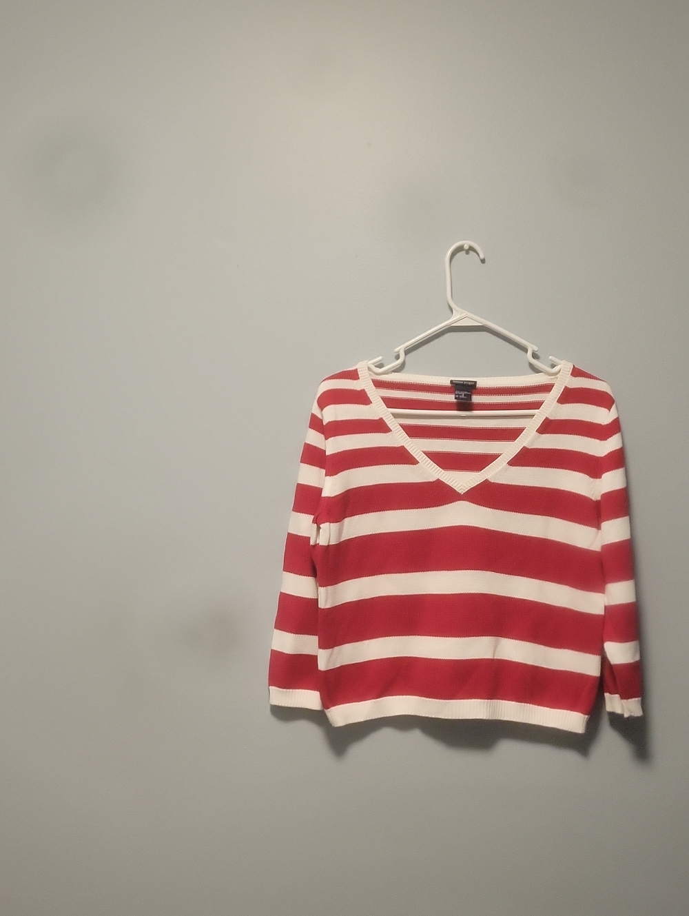 Boston Proper Red and White Striped V-Neck Sweater